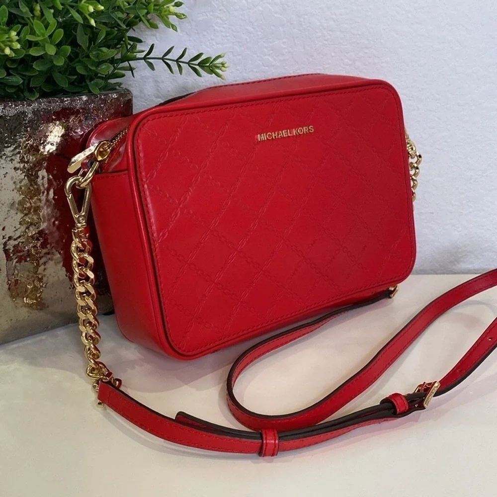 Michael Kors Crossbody Camera Bag Leather‎ Bright Red Gold Chain